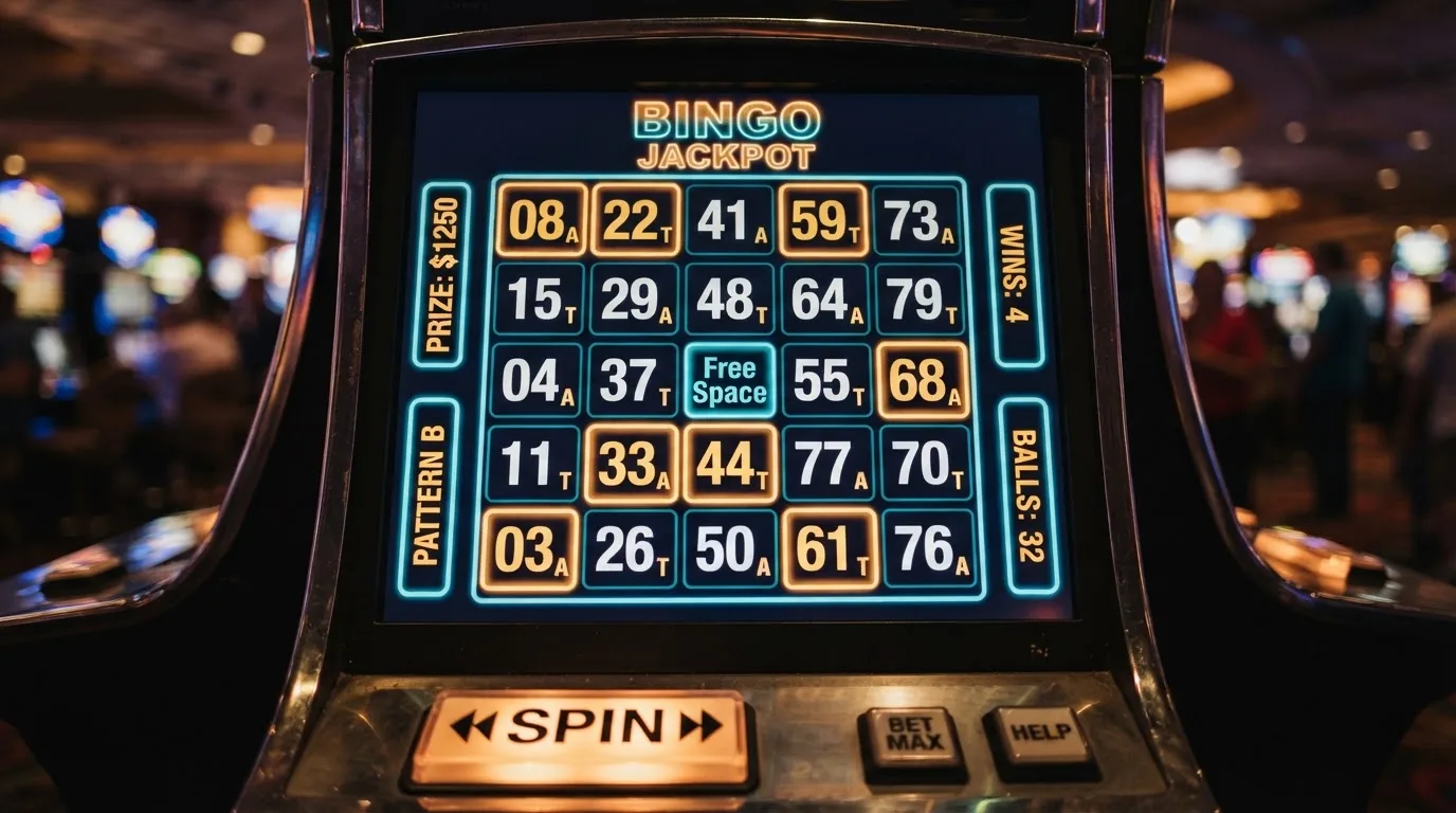 Ekran automatu do gry z kolorową planszą w stylu bingo i podświetlonymi liczbami