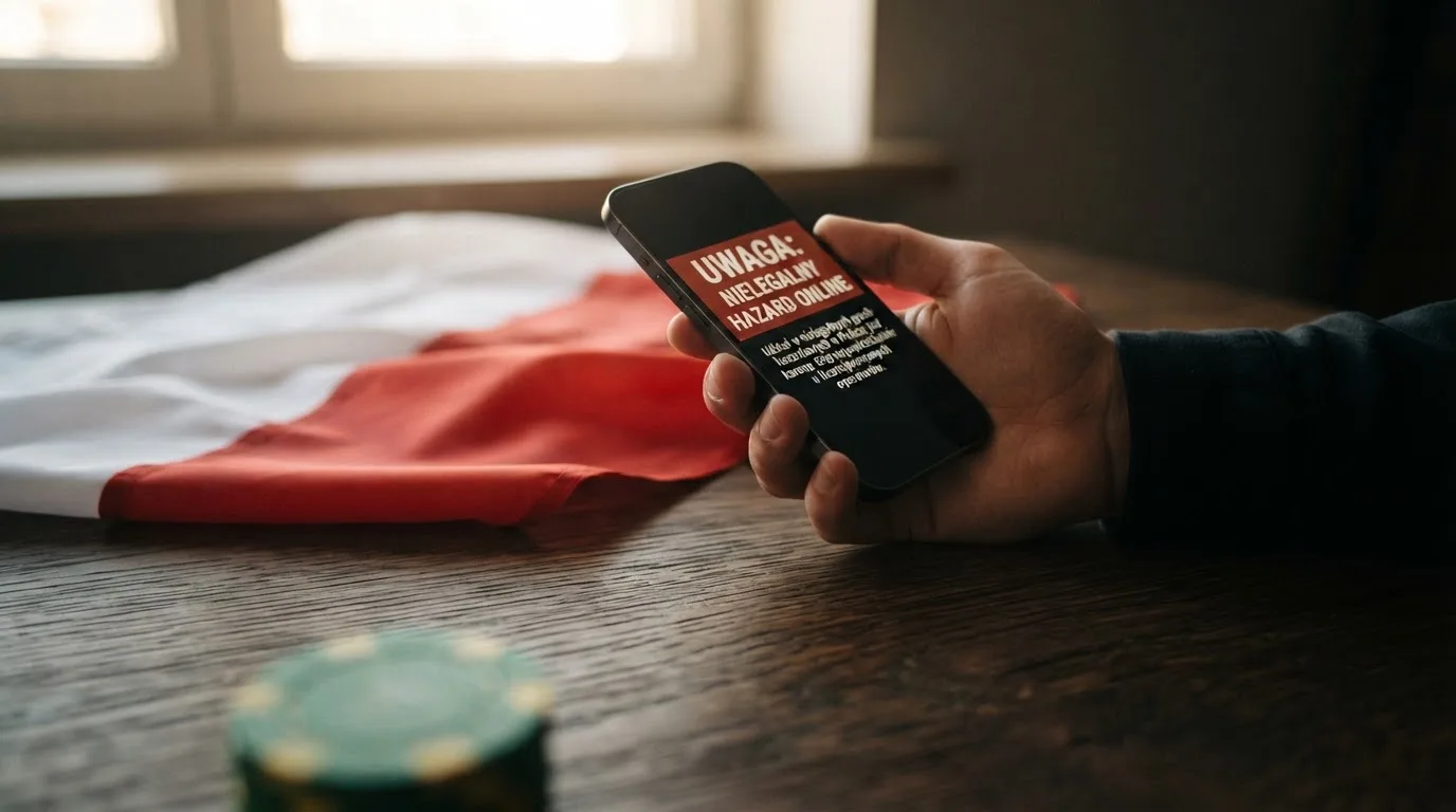 Dłoń trzymająca telefon z widocznym komunikatem ostrzegawczym o legalności hazardu online na tle biało-czerwonej flagi Polski.