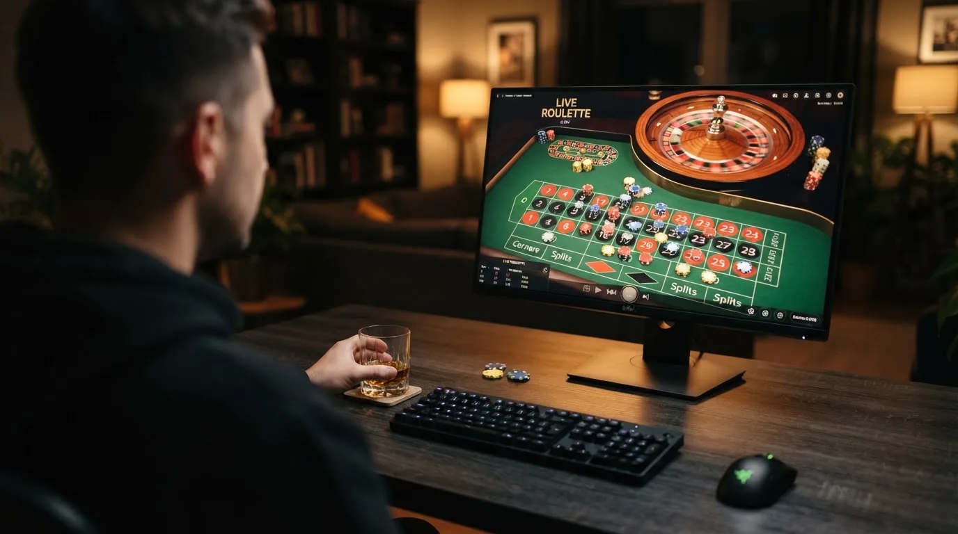 Stół do ruletki online widziany z góry na ekranie monitora, z żetonami rozstawionymi na polach zakładów.
