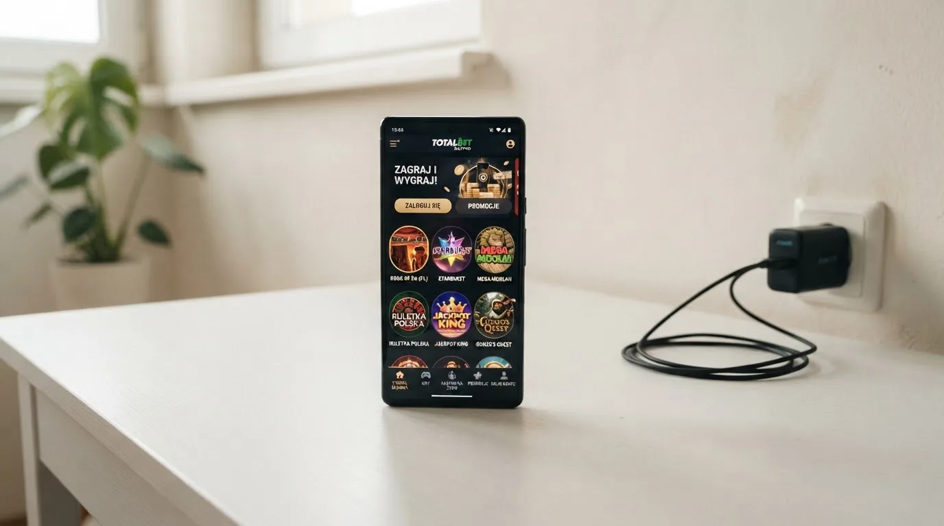 Smartfon z zainstalowaną aplikacją kasyna online leżący obok ładowarki na biurku.