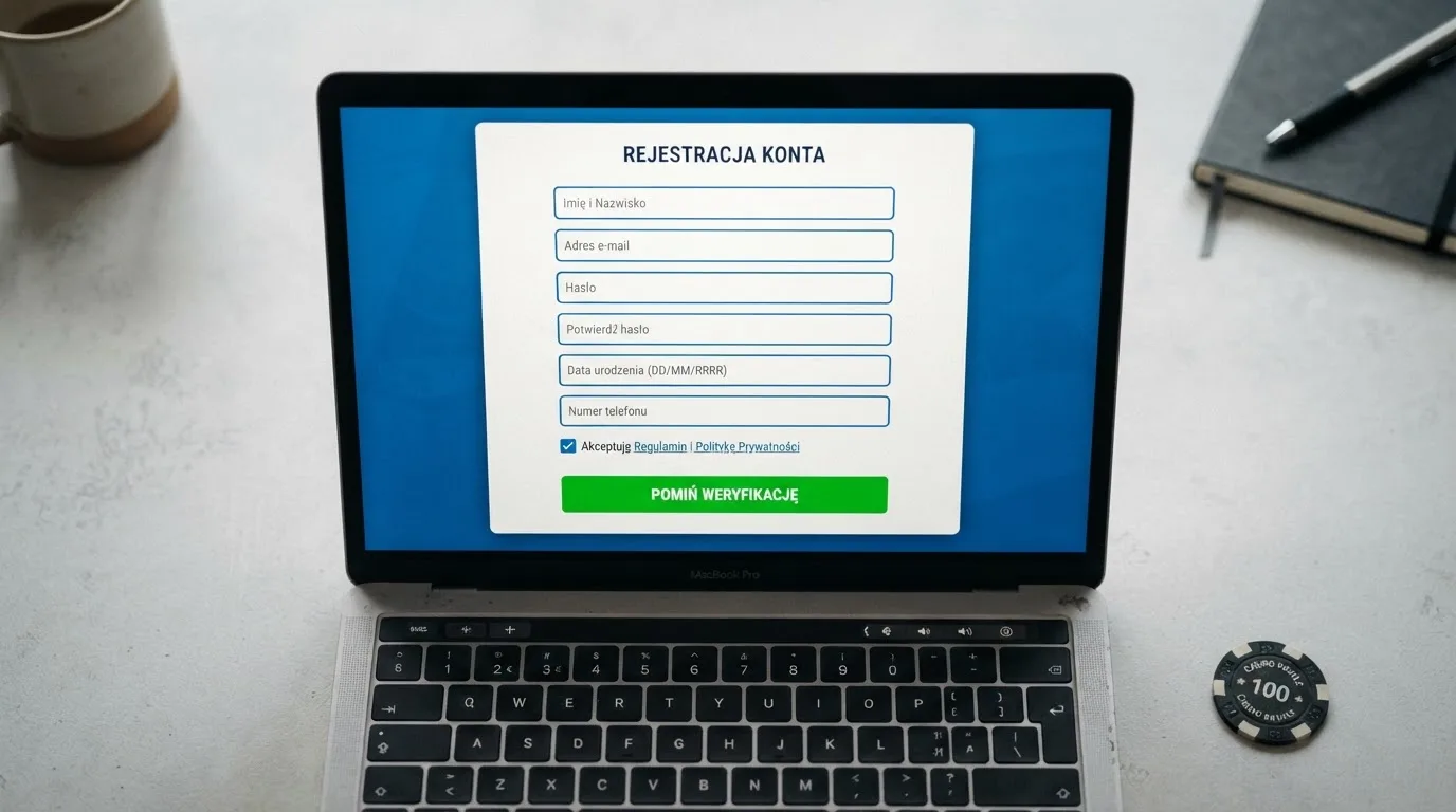 Formularz rejestracji online z pustymi polami na dokument tożsamości i przyciskiem pomiń.