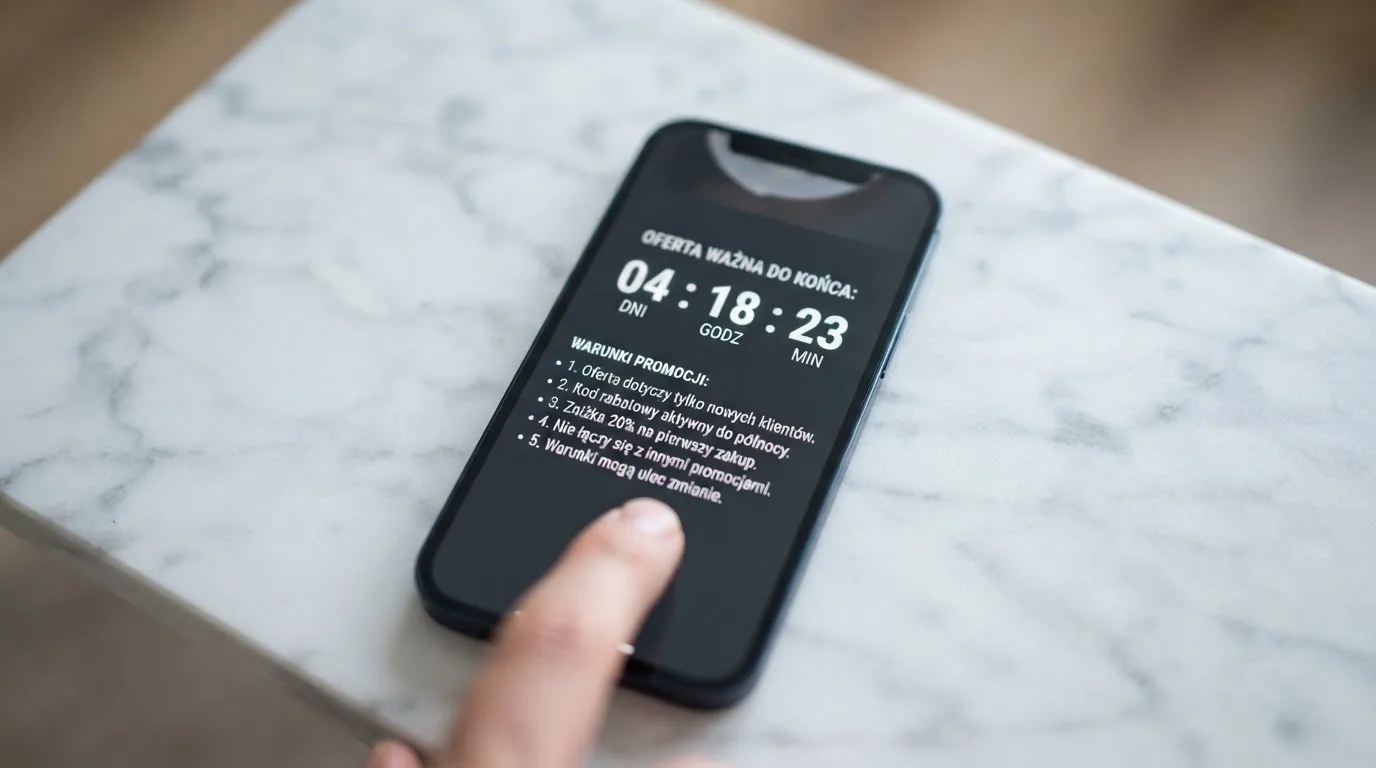 Zbliżenie na telefon z listą warunków promocji i licznikiem odliczającym dni do końca oferty