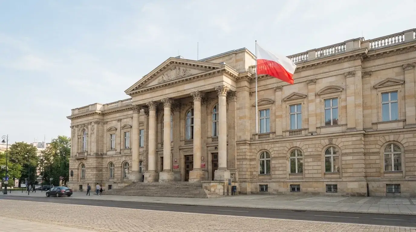 Fasada budynku instytucji państwowej z flagą Polski, symbol nadzoru regulatora nad rynkiem gier hazardowych