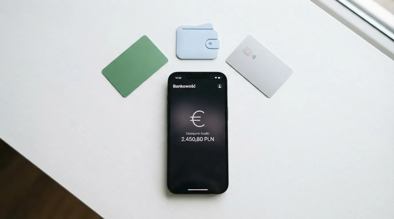 Ikony popularnych elektronicznych portfeli płatniczych obok telefonu z otwartą aplikacją bankową