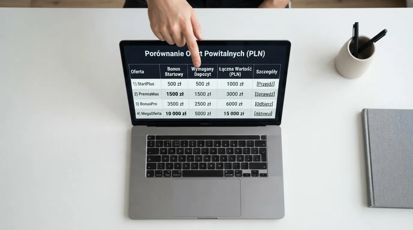 Widok z góry na laptop z otwartą tabelą porównawczą ofert powitalnych kilku serwisów kasynowych