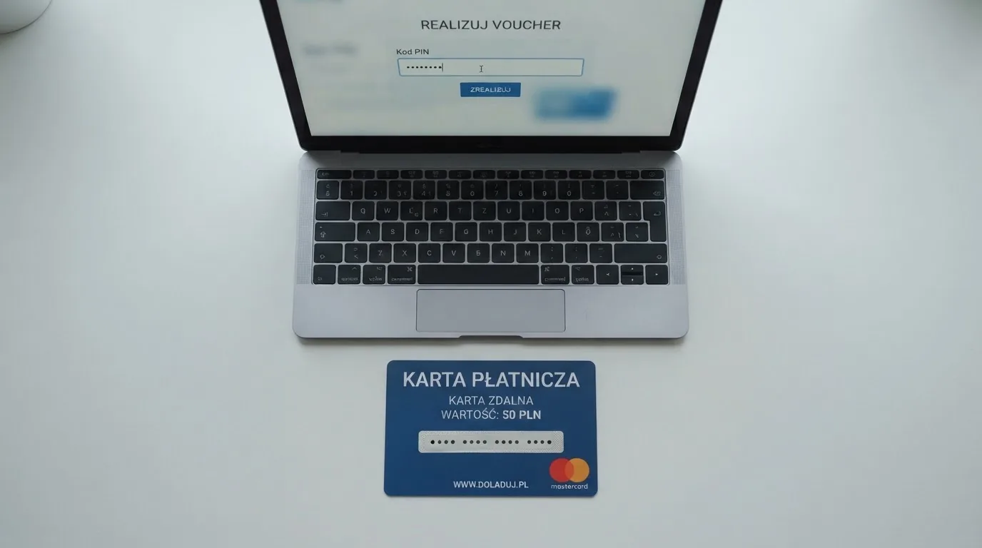 Karta przedpłacona Paysafecard z zasłoniętym polem kodu PIN obok klawiatury laptopa