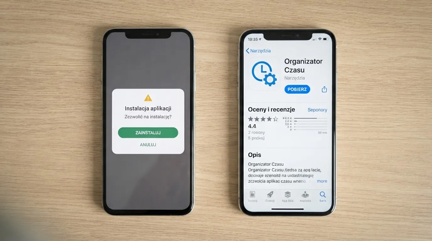 Dwa telefony obok siebie: na jednym komunikat zgody na instalację pliku APK z nieznanego źródła, na drugim strona aplikacji w sklepie z przyciskiem pobierania