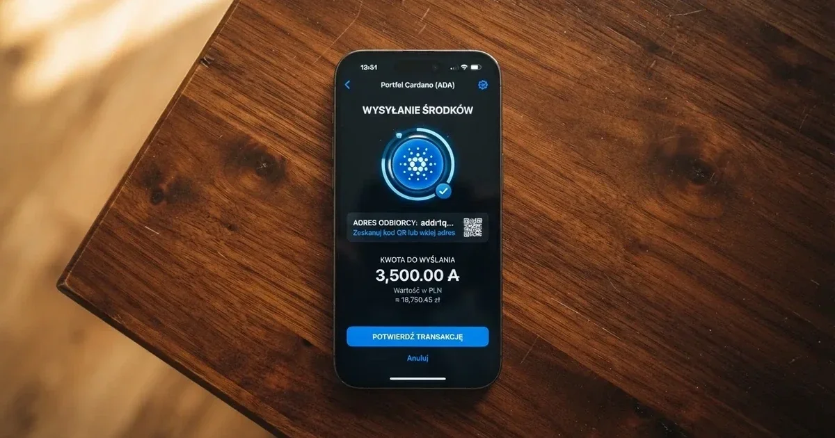 Ekran aplikacji portfela kryptowalutowego w trakcie wysyłania przelewu w sieci Cardano (ADA)