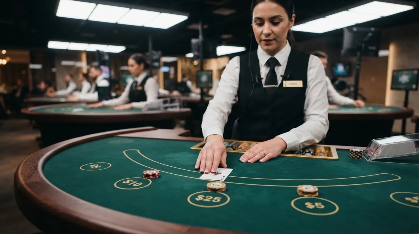 Krupier rozdający karty przy stole blackjacka podczas transmisji na żywo
