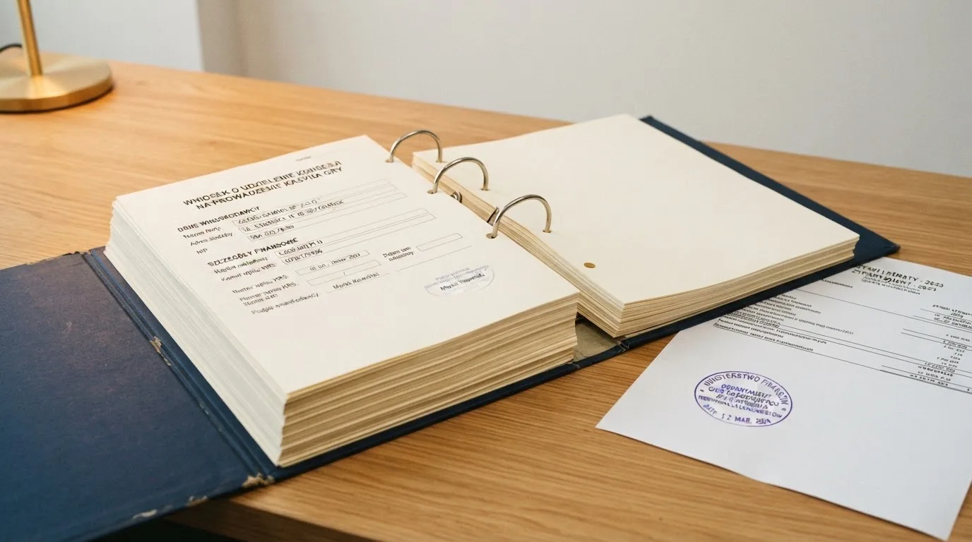 Segregator z wnioskiem o koncesję na kasyno gry, wydrukiem sprawozdania finansowego i urzędową pieczątką leżący na biurku