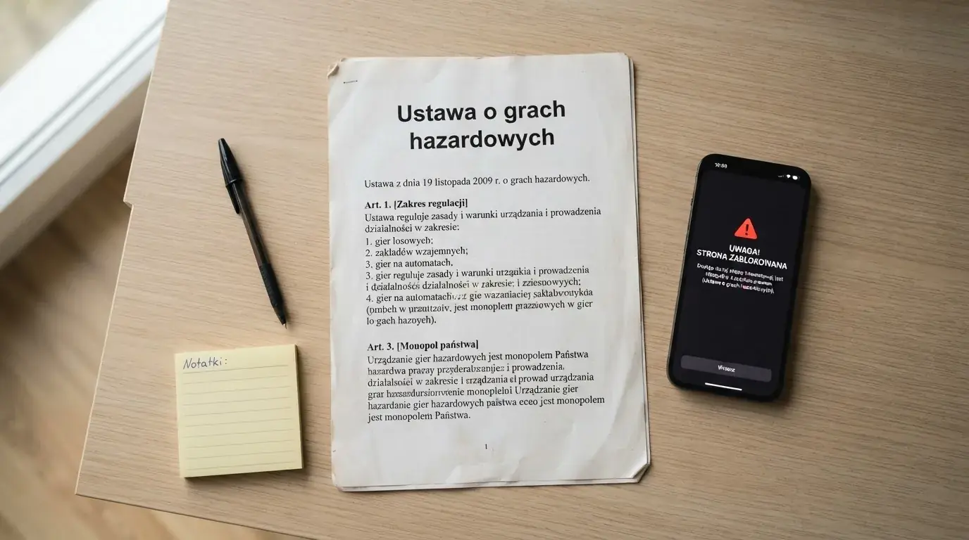 Biurko z wydrukiem ustawy o grach hazardowych i telefonem wyświetlającym komunikat o zablokowanej stronie kasyna