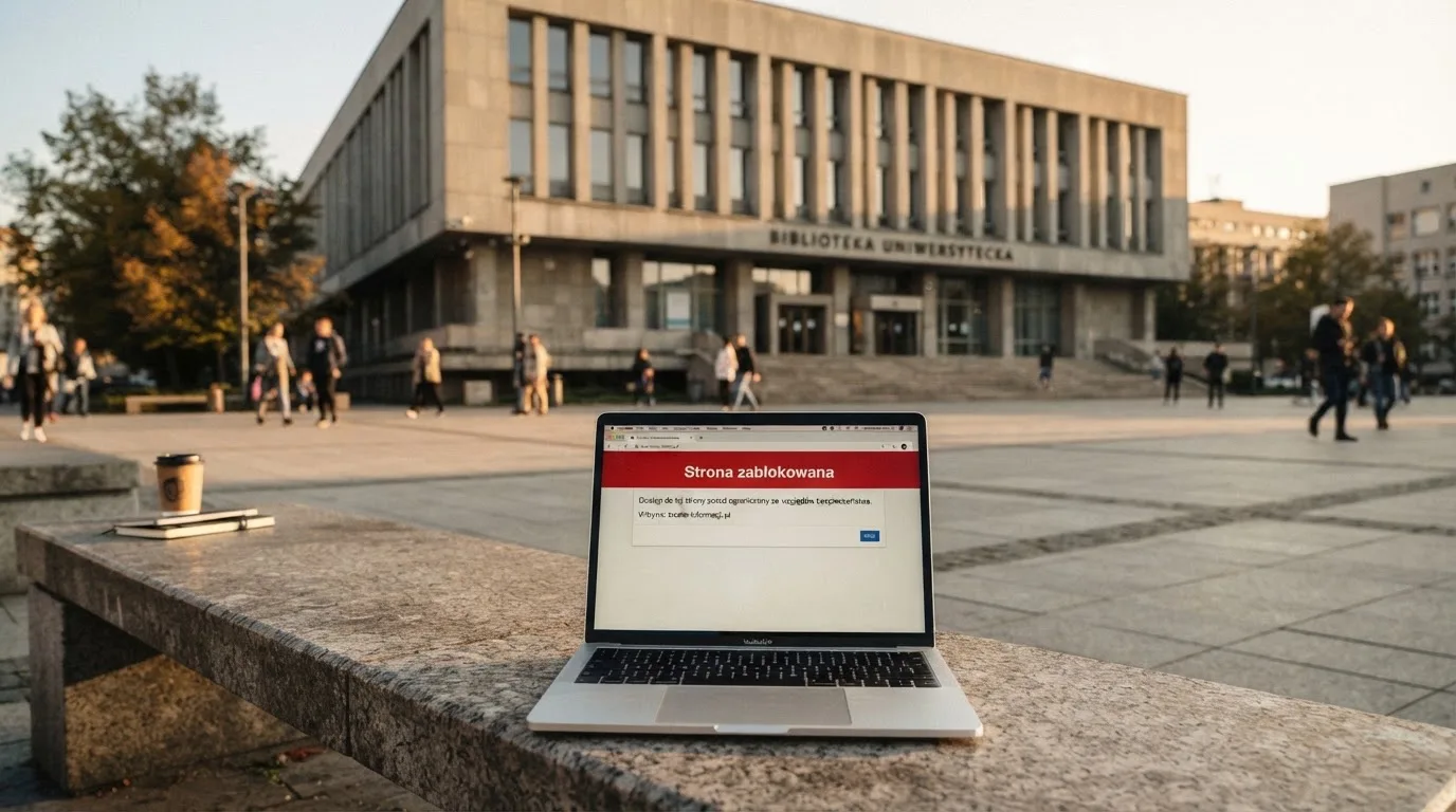 Budynek urzędu z tablicą ministerstwa, na pierwszym planie laptop z komunikatem o zablokowanej stronie kasyna