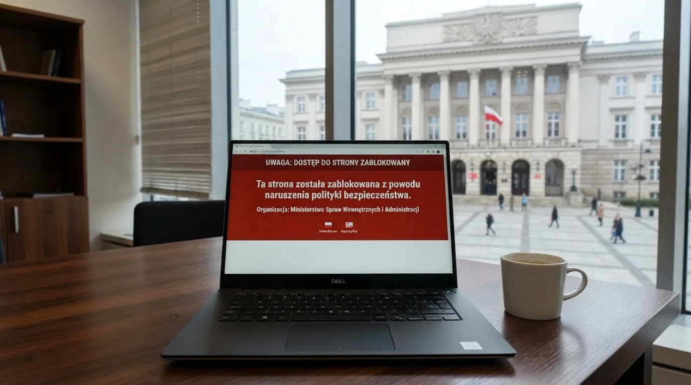 Laptop z komunikatem o zablokowanej stronie hazardowej, w tle budynek urzędu z tablicą ministerstwa