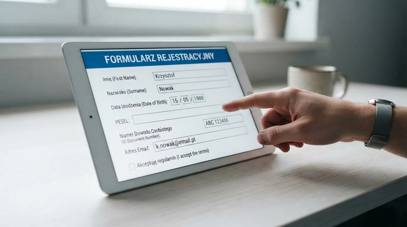 Formularz rejestracji konta gracza z polami na PESEL i numer dokumentu tożsamości na ekranie tabletu