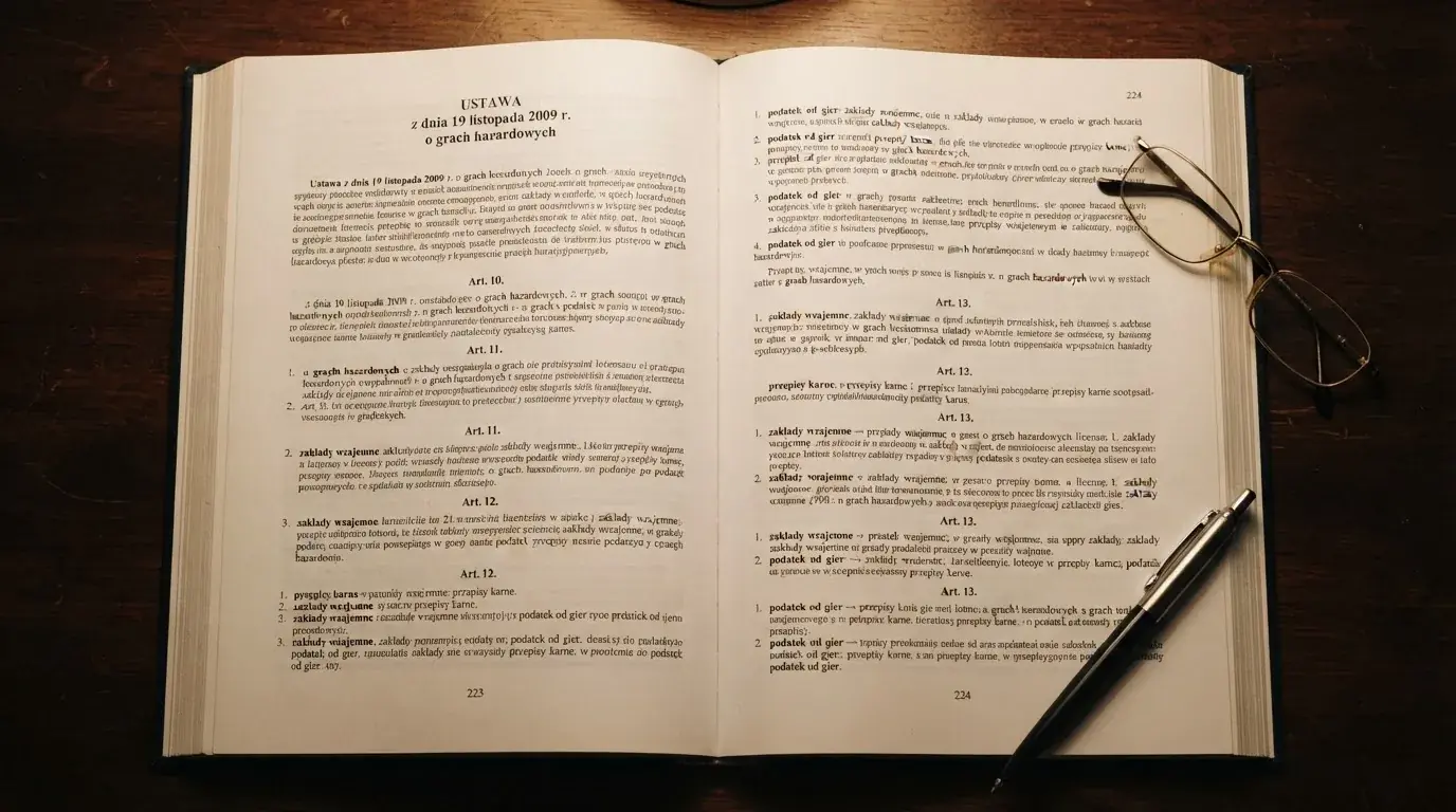 Wydrukowany tekst ustawy o grach hazardowych otwarty na artykule 5, obok okularów i długopisu na biurku