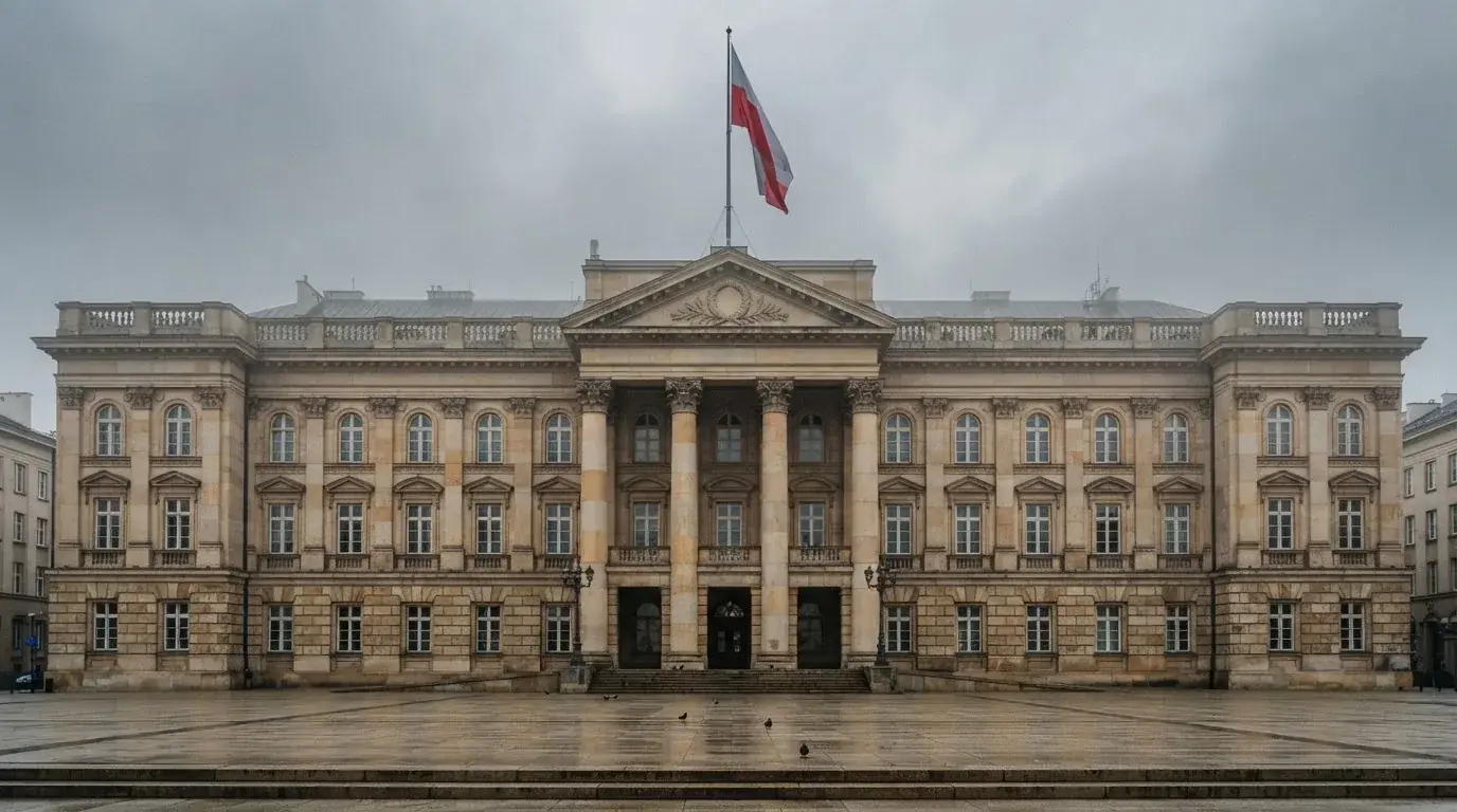 Budynek urzędu administracji państwowej z flagą Polski na maszcie w tle
