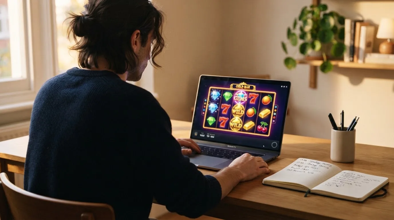 Ekran laptopa z tabelą porównawczą kilku serwisów kasynowych, bez widocznych logotypów marek