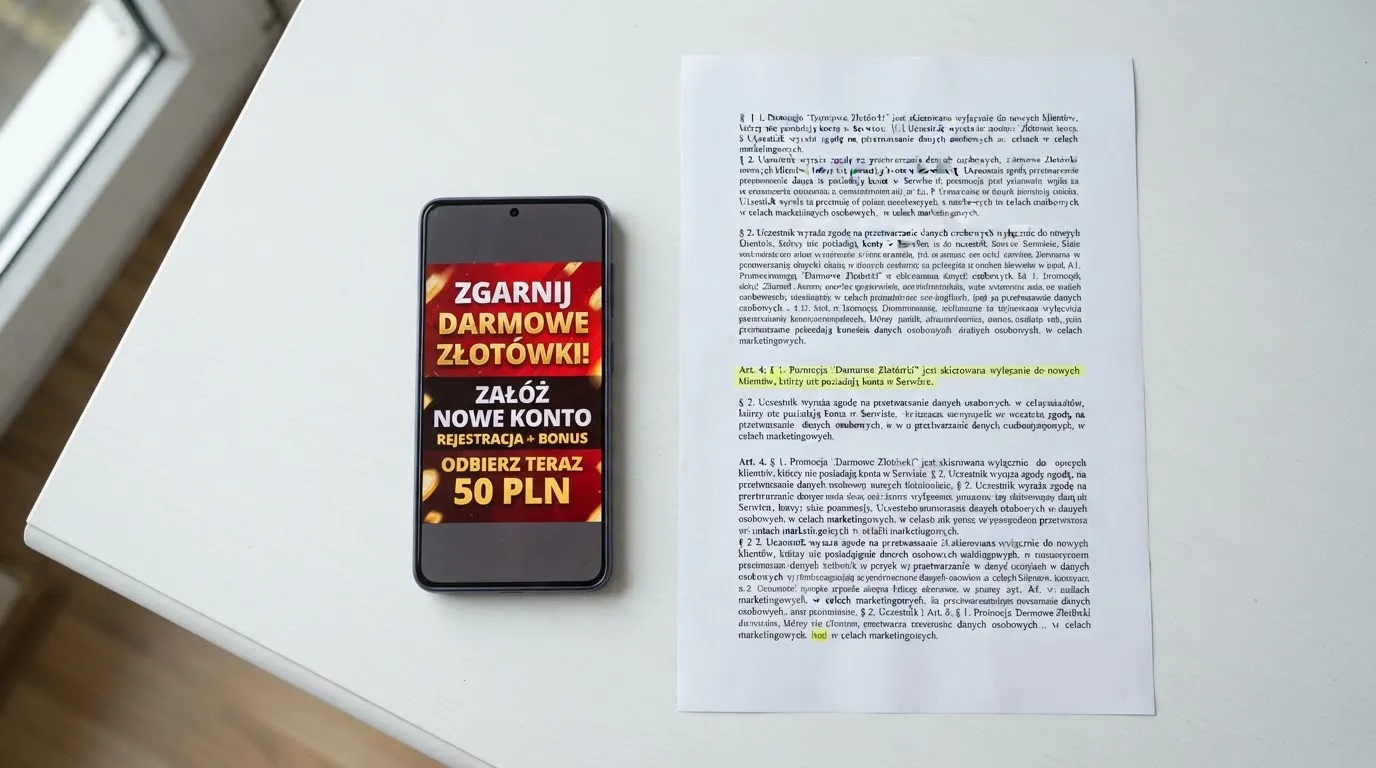 Telefon z banerem obiecującym darmowe złotówki za założenie konta, obok wydrukowany tekst ustawy o grach hazardowych z zaznaczonym artykułem