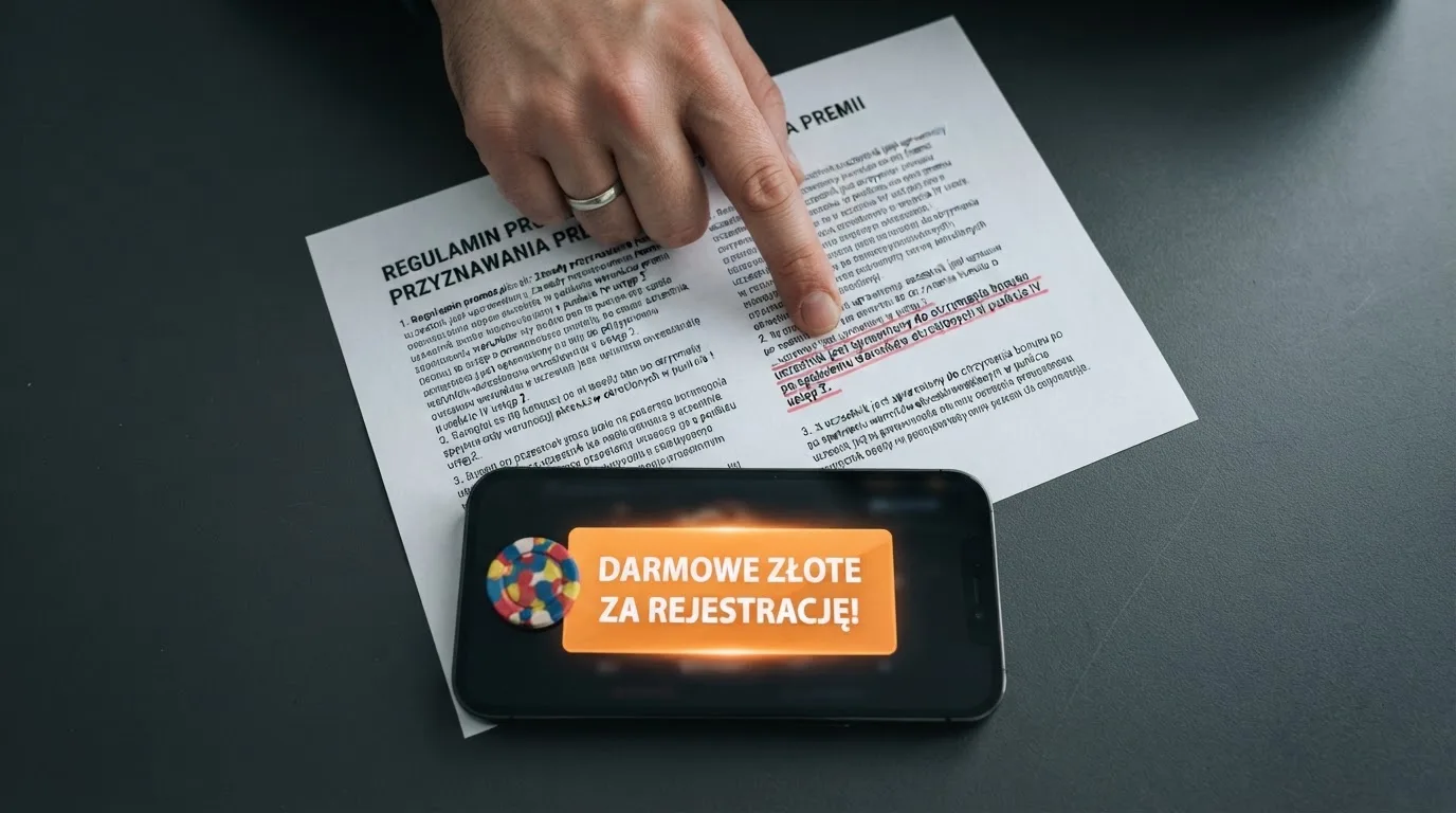 Telefon z wyskakującym banerem obiecującym darmowe złotówki za rejestrację, obok wydruk ustawy o grach hazardowych