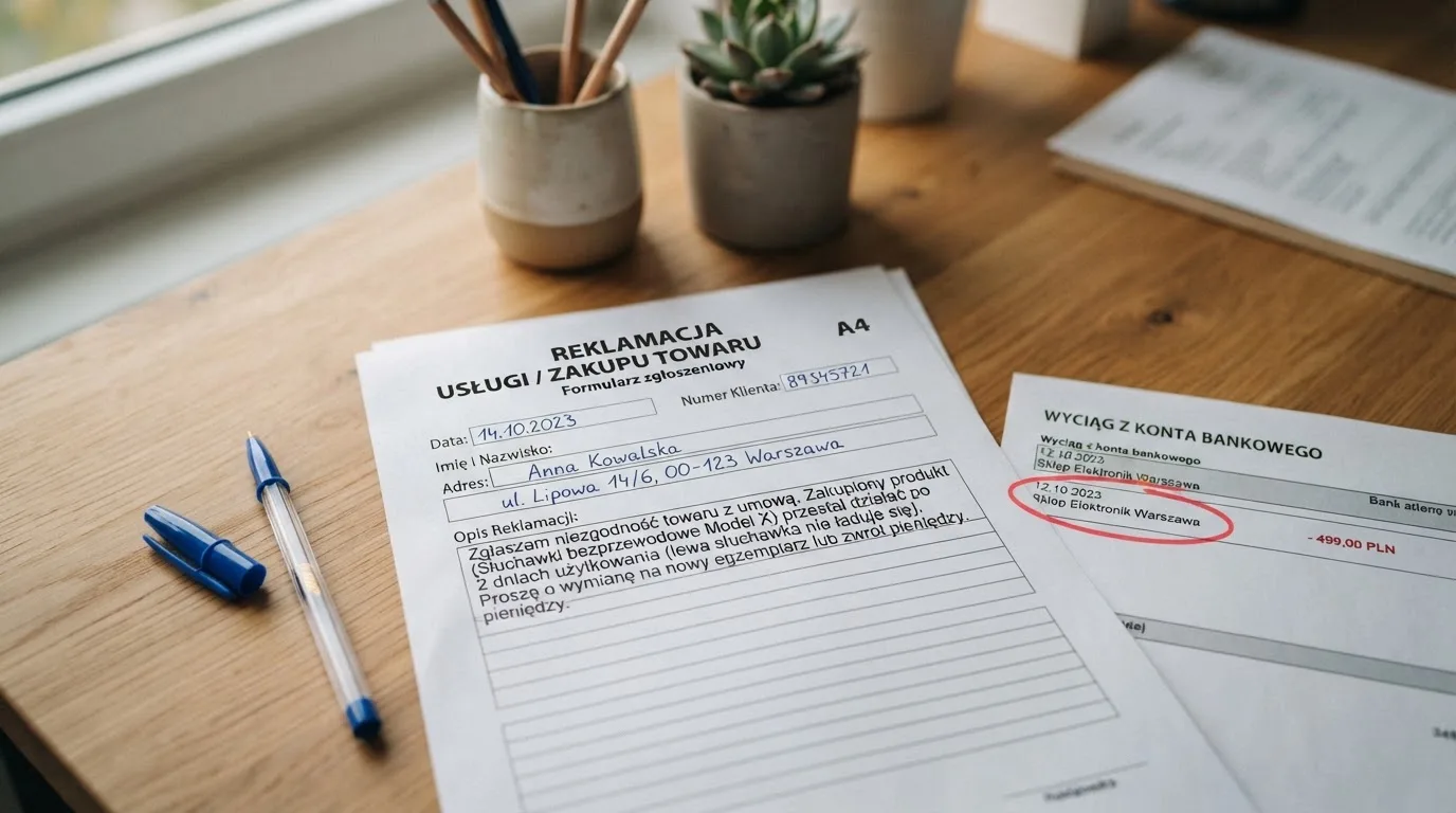 Wydrukowany formularz reklamacji leżący na biurku obok długopisu i wyciągu bankowego z zakreśloną pozycją