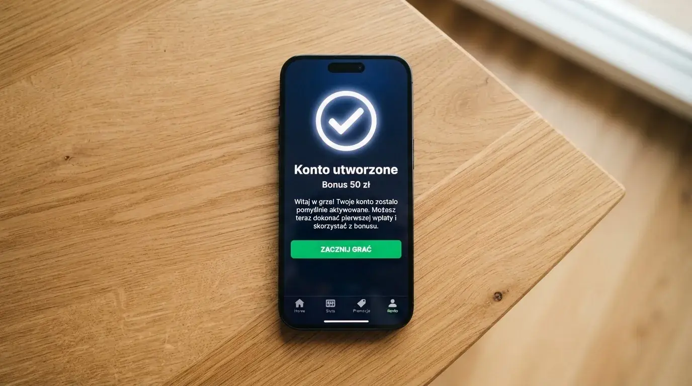Ekran potwierdzenia założenia konta gracza w kasynie internetowym z komunikatem o bonusie startowym bez wpłaty